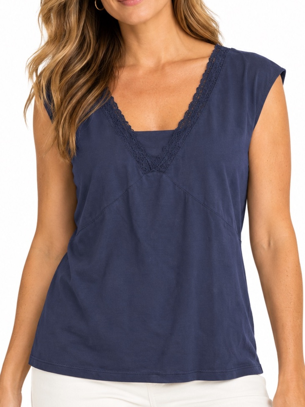 Nine West Woman 1X Navy Lace Trim V-Neck Stretch Knit Sleeveless Top